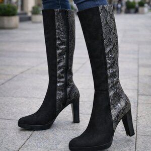 Boots, knee high, vegan suede and python, Sz 10, as new condition, full zipper